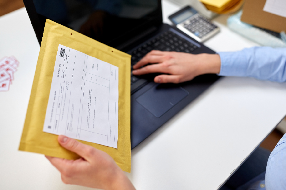Labeled envelope prepared with proof of delivery records
